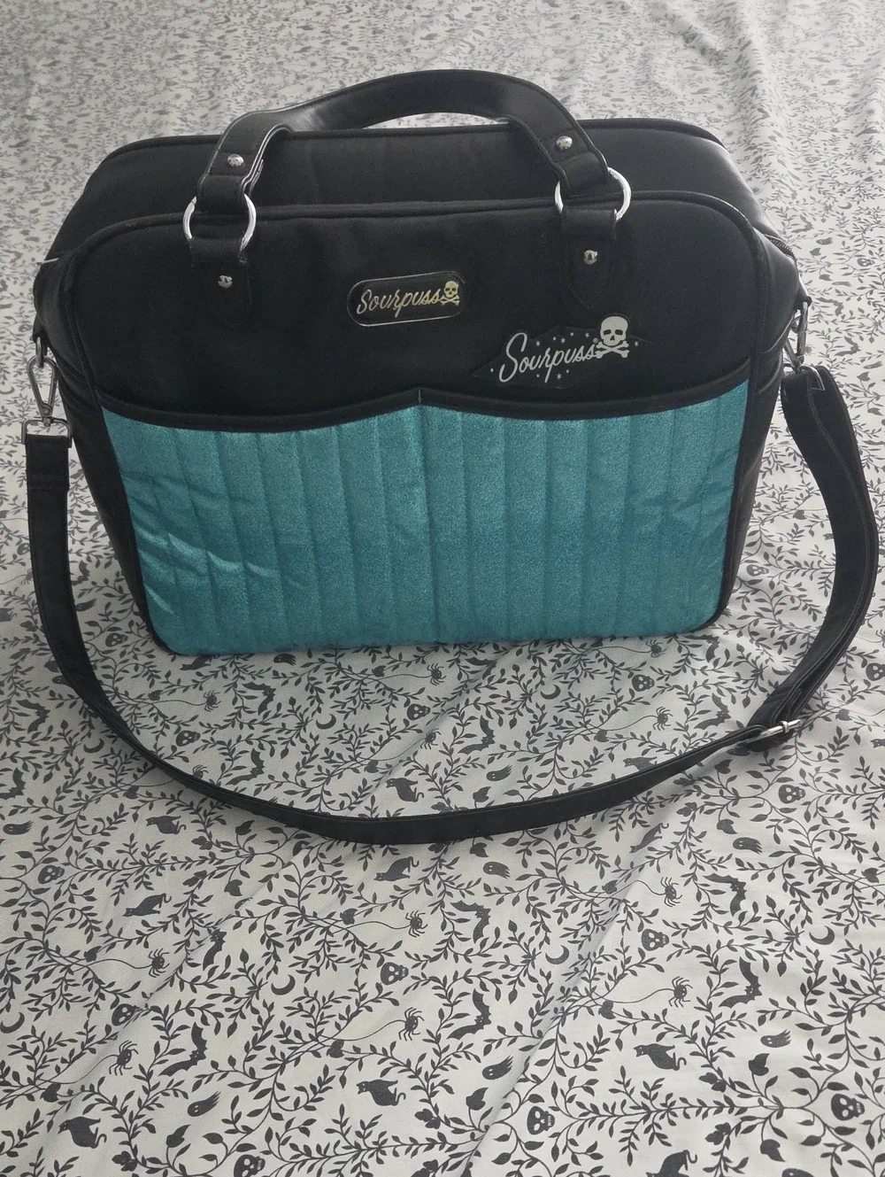Sourpuss Teal and Black Quilted Laptop Bag with Skull Logo